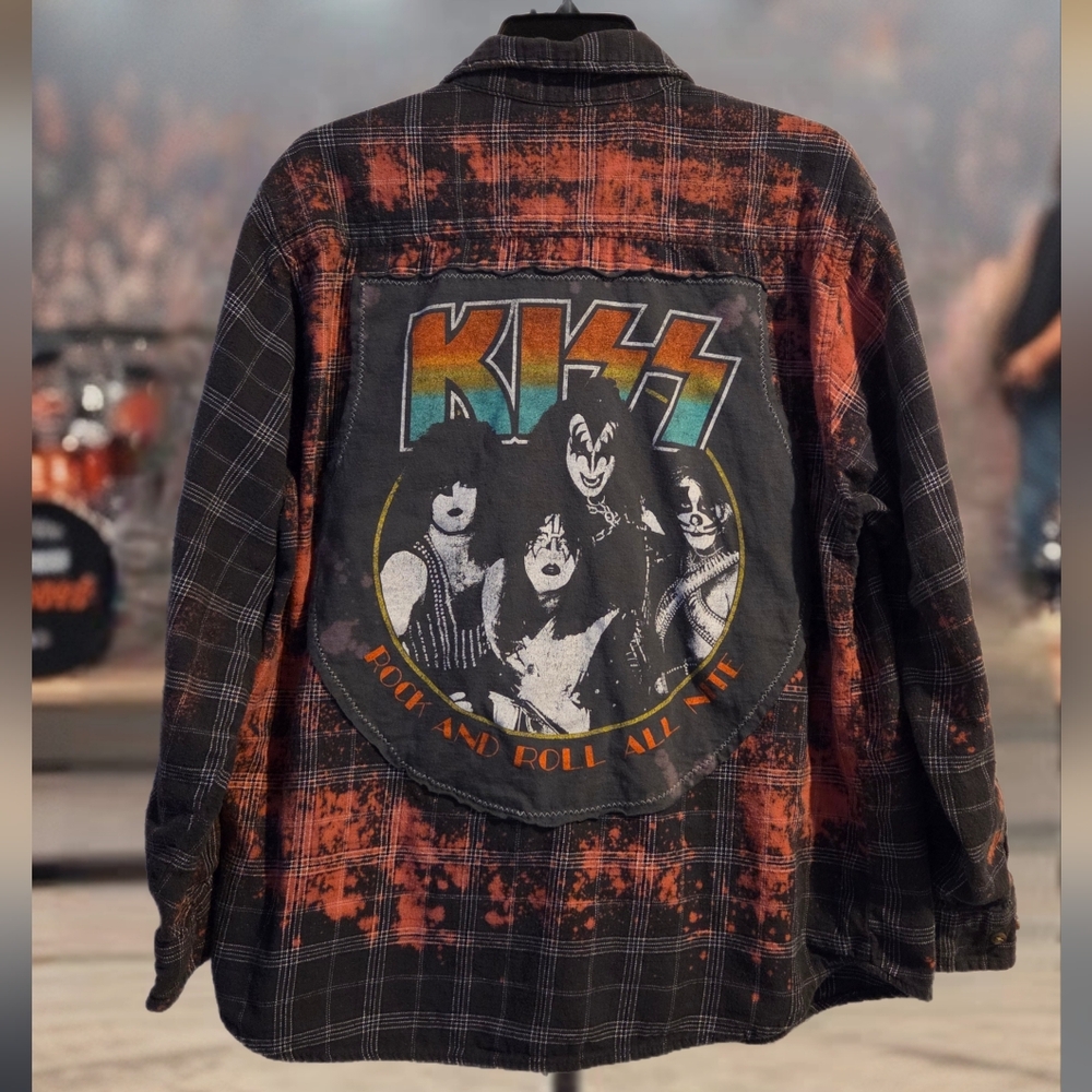 Upcycled KISS graphic Tshirt Distressed Plaid Flannel Shirt